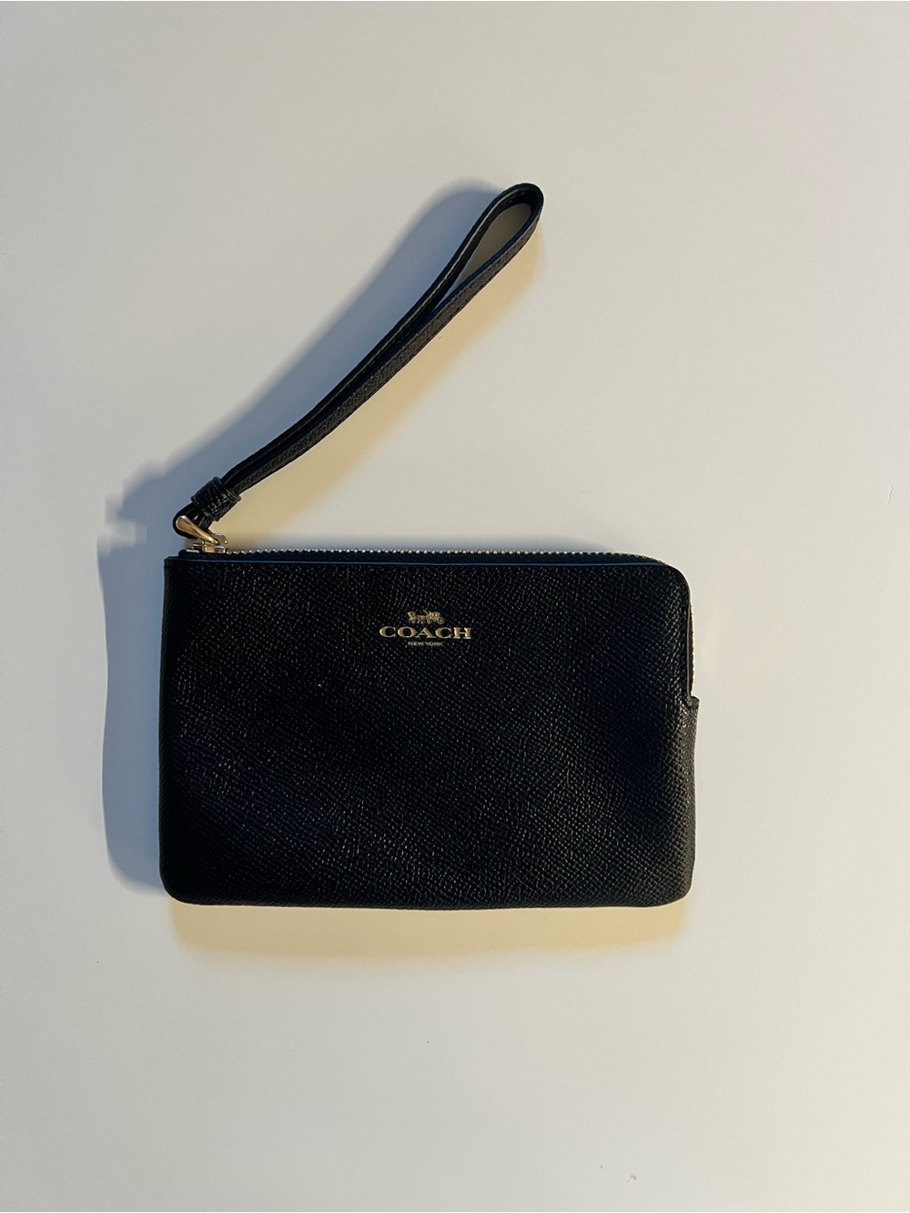 Coach Black Leather Wristlet Card Holder with Gold Logo
